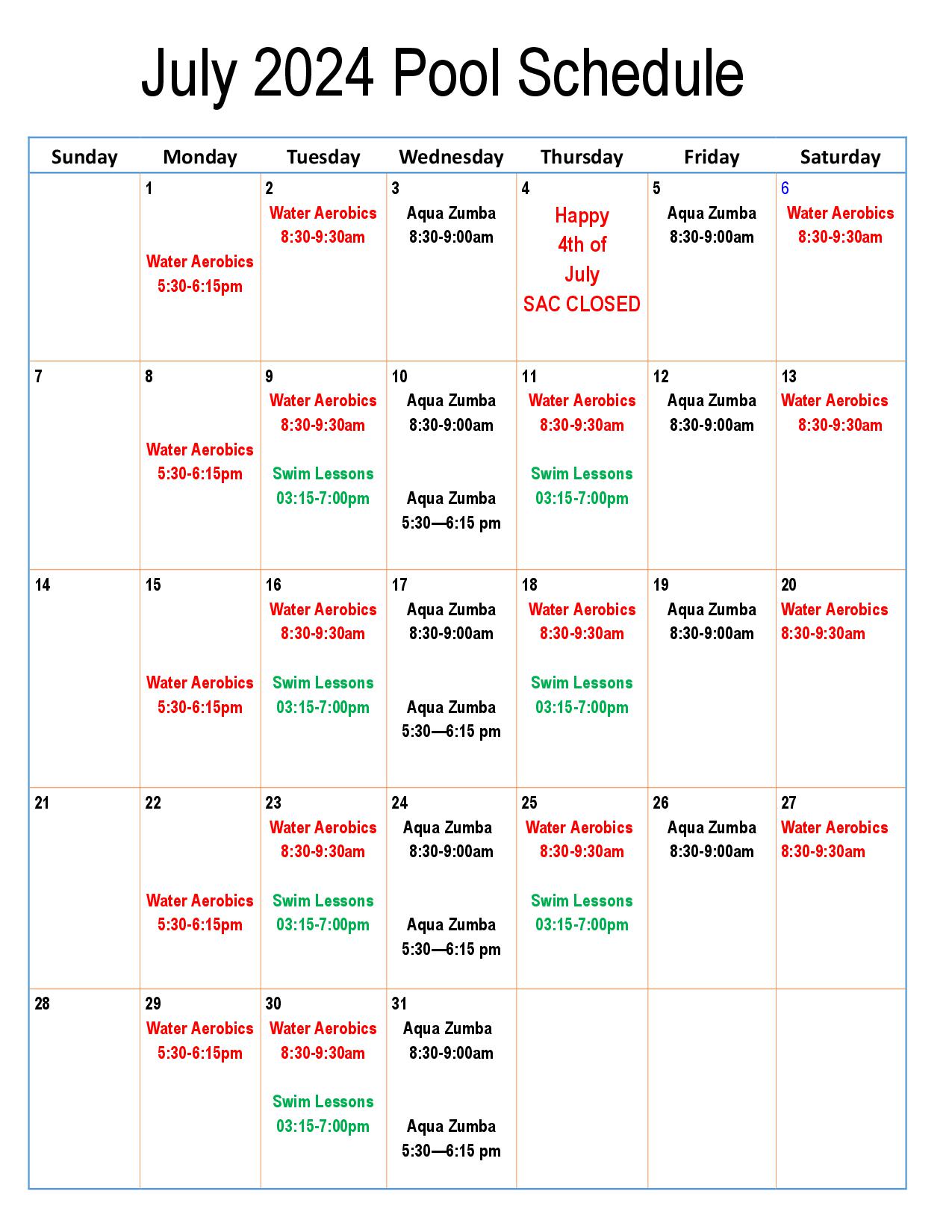SAC Pool Schedule 